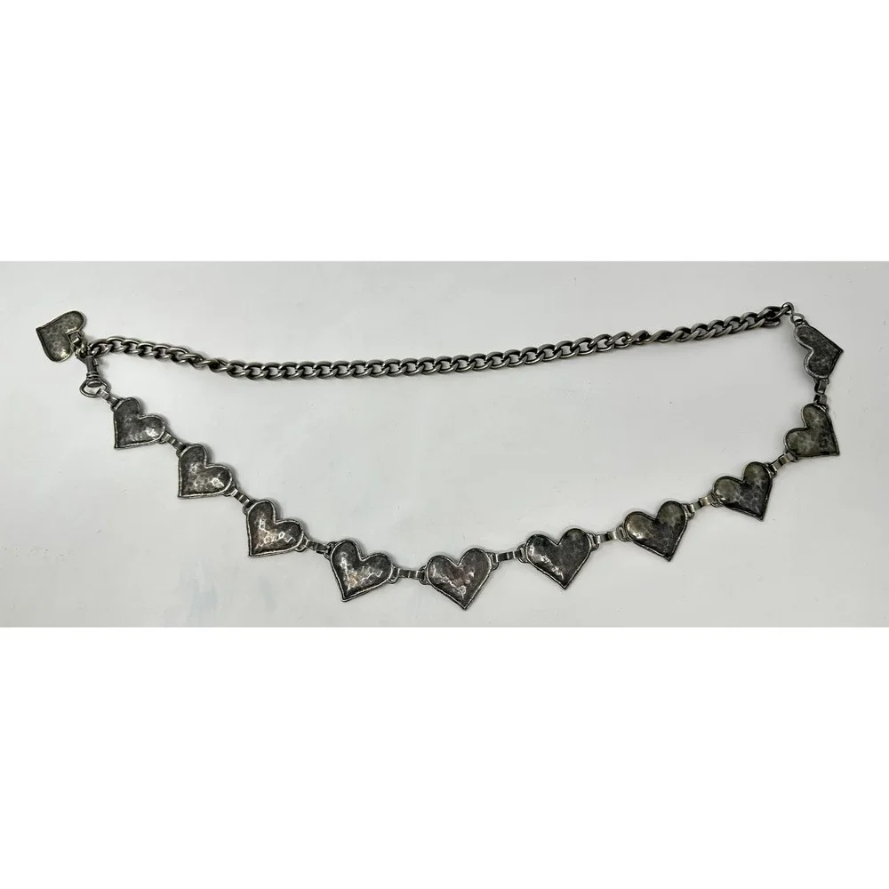Vintage Hammered Metal Heart Chain Belt Silver Tone Adjustable Y2K Boho 41 Inch